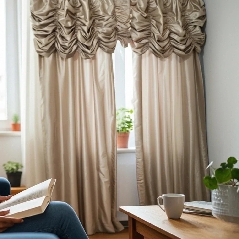 4 Panel Elegant‎ Ruched Tafeta Window Valance Drapes Beige Satin Sheen